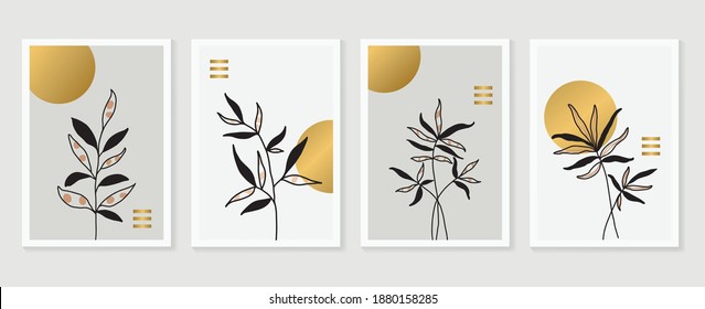 Botanical and gold abstract wall arts vector collection.  Golden and luxury pattern design with leaves line arts, Hand draw Organic shape design for wall framed prints, canvas prints, poster, home dec