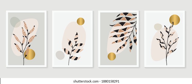 Botanical and gold abstract wall arts vector collection.  Golden and luxury pattern design with leaves line arts, Hand draw Organic shape design for wall framed prints, canvas prints, poster, home dec