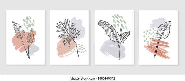Botanical and gold abstract wall arts vector collection.  Golden and luxury pattern design with leaves line arts, Hand draw Organic shape design for wall framed prints, canvas prints, poster.