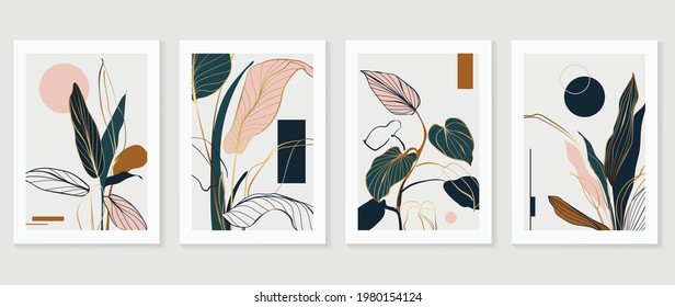 Botanical and gold abstract wall arts vector collection.  Golden and luxury pattern design with Tropical leaves line arts, Hand draw Organic shape design for wall framed prints, cover and poster.