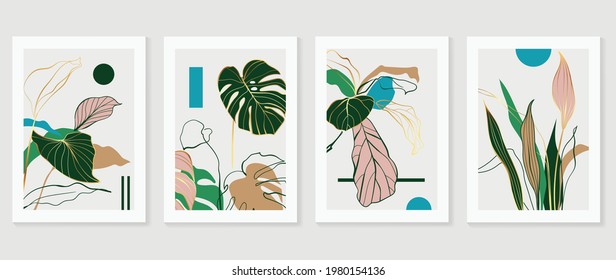 Botanical and gold abstract wall arts vector collection.  Golden and luxury pattern design with Tropical leaves line arts, Hand draw Organic shape design for wall framed prints, cover and poster.