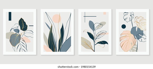 Colección vectorial de artes murales abstractas botánicas y doradas.  Diseño de patrones dorados y lujosos con las hojas tropicales de las artes de la línea, Dibujo manual Diseño de formas orgánicas para las impresiones enmarcadas en la pared, cubierta y afiche.