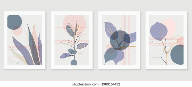 Botanical and gold abstract wall arts vector collection.  Golden and luxury pattern design with Tropical leaves line arts, Hand draw Organic shape design for wall framed prints, cover and poster.