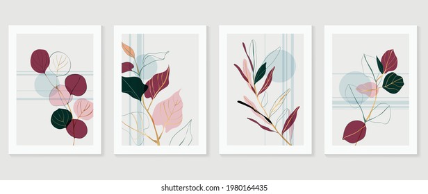 Botanical and gold abstract wall arts vector collection.  Golden and luxury pattern design with Tropical leaves line arts, Hand draw Organic shape design for wall framed prints, cover and poster.