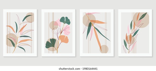 Botanical and gold abstract wall arts vector collection.  Golden and luxury pattern design with Tropical leaves line arts, Hand draw Organic shape design for wall framed prints, cover and poster.