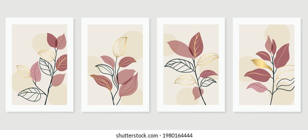 Botanical and gold abstract wall arts vector collection.  Golden and luxury pattern design with Tropical leaves line arts, Hand draw Organic shape design for wall framed prints, cover and poster.