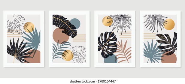 Botanical and gold abstract wall arts vector collection.  Golden and luxury pattern design with Tropical leaves line arts, Hand draw Organic shape design for wall framed prints, cover and poster.