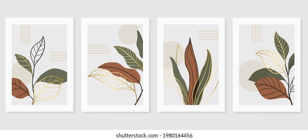 Colección vectorial de artes murales abstractas botánicas y doradas.  Diseño de patrones dorados y lujosos con las hojas tropicales de las artes de la línea, Dibujo manual Diseño de formas orgánicas para las impresiones enmarcadas en la pared, cubierta y afiche.