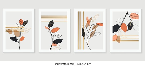 Botanical and gold abstract wall arts vector collection.  Golden and luxury pattern design with Tropical leaves line arts, Hand draw Organic shape design for wall framed prints, cover and poster.