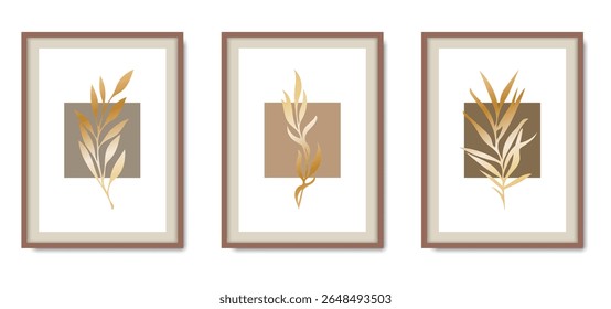 Coleção de vetores de artes de parede abstratas botânicas e douradas. Design de padrão dourado e de luxo com artes de linha de folhas, desenho à mão Design de forma orgânica para impressões emolduradas de parede, impressões de tela, cartaz, casa dez