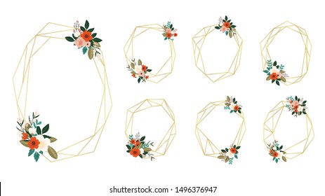 Botanical Gold geometrical polyhedron, floral art deco style for wedding invitation cards, luxury templates, cover design, wedding logo - Vector