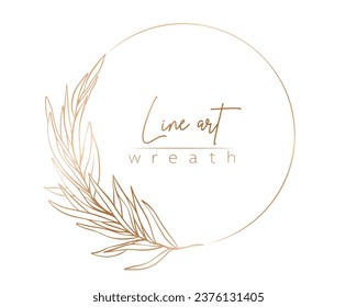 Botanical gold line illustration of leaves and branch wreath for wedding invitation and cards, logo design, web, social media and posters template. Elegant minimal style floral vector isolated.