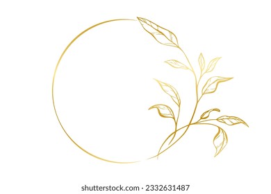Botanical golden circle frame. Hand drawn round line border, leaves and flowers, wedding invitation and cards, logo design and posters template. Elegant minimal style floral vector isolated set