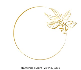 Marco botánico de círculo dorado. Borde de línea redonda dibujado a mano, hojas y flores, invitación de boda y tarjetas, diseño de logo, medios sociales y plantilla de afiches. Elegante vector floral de estilo mínimo