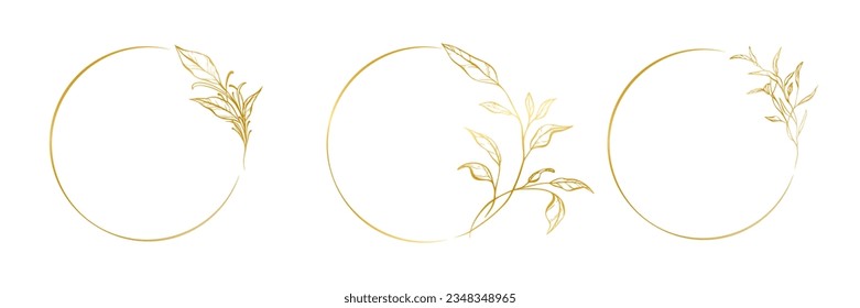 Botanical golden circle frame set. Hand drawn round line border, leaves and flowers, wedding invitation and cards, logo design, social media and posters template. Elegant minimal style floral vector