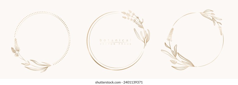 Botanisches goldenes Rahmenwerk. Handgezeichnete runde Linie, Blätter und Blumen für Hochzeitseinladung und Karten, Logo-Design, Social Media und Plakate Vorlage. Elegante minimale Blumenvektor.	