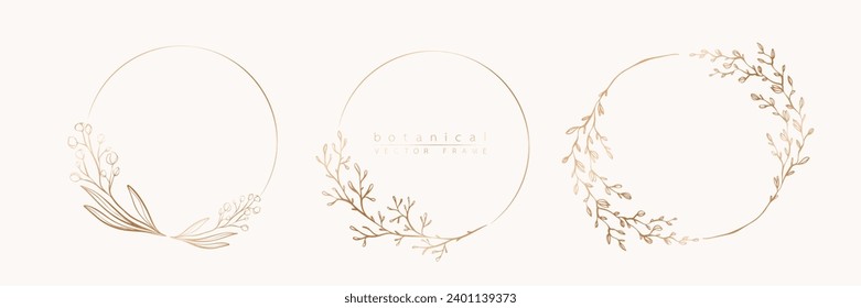Botanisches goldenes Rahmenwerk. Handgezeichnete runde Linie, Blätter und Blumen für Hochzeitseinladung und Karten, Logo-Design, Social Media und Plakate Vorlage. Elegante minimale Blumenvektor.	