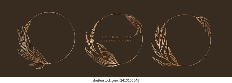 Botanical golden circle frame set. Hand drawn round line border, leaves and flowers for wedding invitation and cards, logo design, social media and posters template. Elegant minimal floral vector.