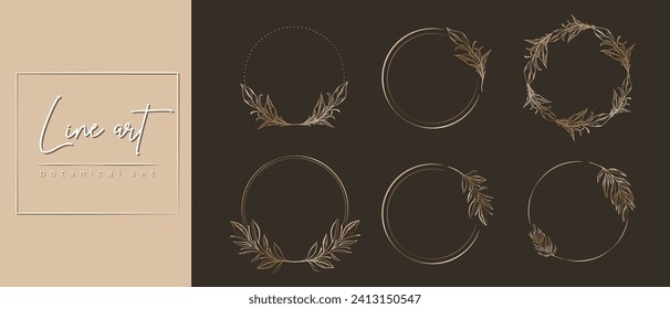 Botanical golden circle frame set. Hand drawn round line border, leaves and flowers for wedding invitation and cards, logo design, social media and posters template. Elegant minimal floral vector.