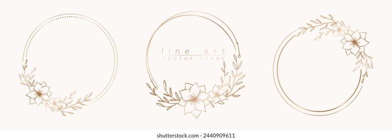 Botanical golden circle frame set. Hand drawn round line wreath, leaves and flowers for wedding invitation and cards, logo design, social media and posters template. Elegant minimal floral vector.