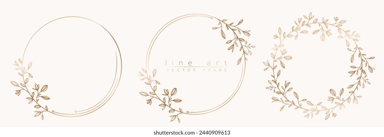 Botanical golden circle frame set. Hand drawn round line wreath, leaves and flowers for wedding invitation and cards, logo design, social media and posters template. Elegant minimal floral vector.