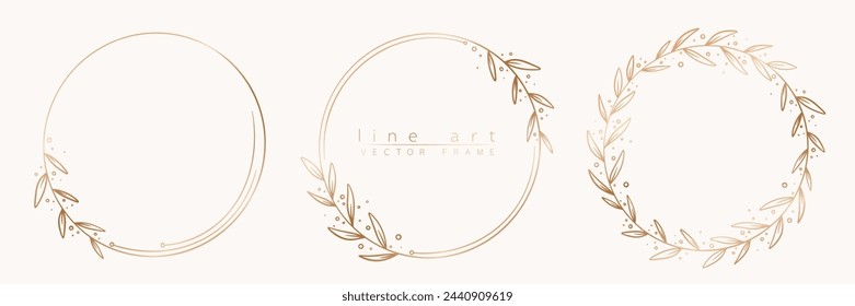 Botanical golden circle frame set. Hand drawn round line wreath, leaves and flowers for wedding invitation and cards, logo design, social media and posters template. Elegant minimal floral vector.