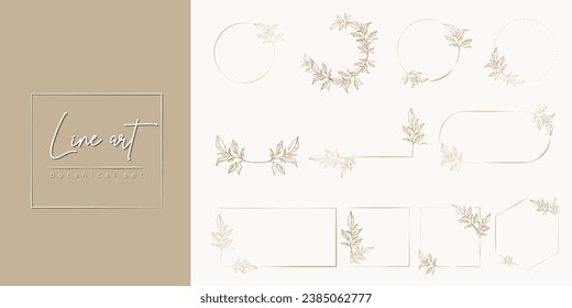 Botanical golden frame set. Hand drawn different shapes line border, leaves and flowers for wedding invitation and cards, logo design, social media and posters template. Elegant minimal floral vector.