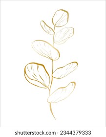 Botanical golden illustration of a eucalyptus branch for wedding invitation and cards, logo design, web, social media and posters template. Elegant minimal style floral vector isolated.