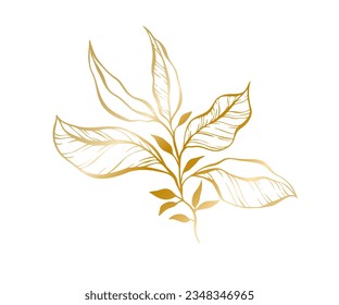 Botanical golden illustration of a leaves branch for wedding invitation and cards, logo design, web, social media and posters template. Elegant minimal style floral vector isolated.