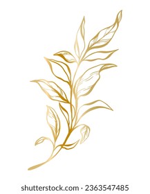 Botanical golden illustration of a leaves branch for wedding invitation and cards, logo design, web, social media and posters template. Elegant minimal style floral vector isolated.	