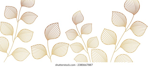 Botanical golden leaves line art wallpaper vector background. Luxurious hand drawn foliage design in a simple minimalist line outline style. Design for fabric, print, cover, banner, invitation.	
