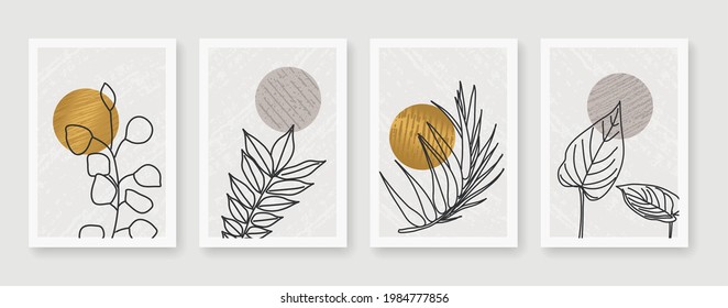 Botanical and golden line Minimal and natural wall vector set. Boho foliage line art drawing with abstract Shape. Cover, wallpaper, Abstract Plant Art design for print, Natural wall art. Vector.