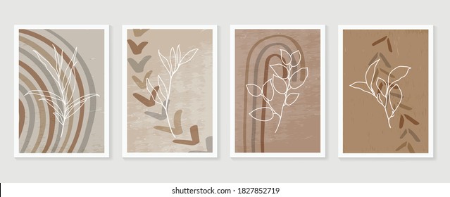 Botanical and golden line wall art vector set. Earth tone boho foliage line art drawing with  abstract shape.  Abstract Plant Art design for print, cover, wallpaper, Natural wall art.
