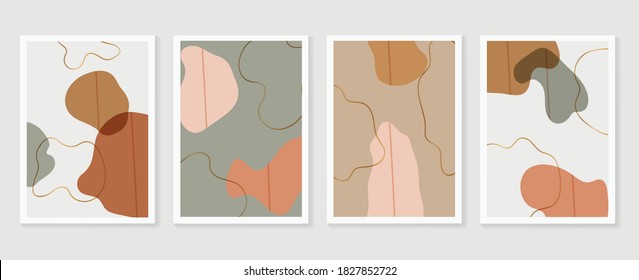 Botanical and golden line wall art vector set. Earth tone boho foliage line art drawing with  abstract shape.  Abstract Plant Art design for print, cover, wallpaper, Natural wall art.

