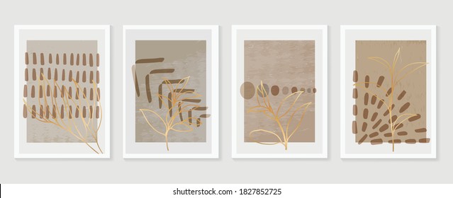 Botanical and golden line wall art vector set. Earth tone boho foliage line art drawing with  abstract shape.  Abstract Plant Art design for print, cover, wallpaper, Natural wall art.
