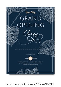 Botanical grand opening invitation card template design, line art ink drawing split-leaf Philodendron plant on dark blue background, vintage style