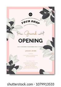 Botanical grand opening invitation card template design, black and white Ficus Elastica / rubber plant on pink background, vintage style