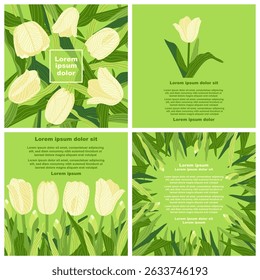 Une template graphique botanique avec des illustrations rectangulaires de diverses tulipes colorées avec des feuilles vertes et des motifs de texte lorem ipsum. Idéal pour créer des cartes postales, des invitations et des brochures