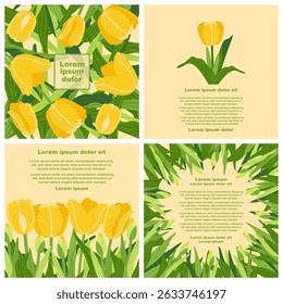 Une template graphique botanique avec des illustrations rectangulaires de diverses tulipes colorées avec des feuilles vertes et des motifs de texte lorem ipsum. Idéal pour créer des cartes postales, des invitations et des brochures