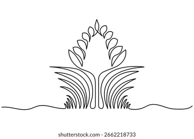Ilustración vectorial floral de la naturaleza del estilo minimalista del dibujo de una línea continua de la hierba y de las flores botánicas