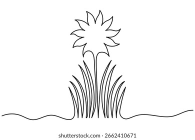 Ilustración vectorial floral de la naturaleza del estilo minimalista del dibujo de una línea continua de la hierba y de las flores botánicas