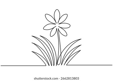 Ilustración vectorial floral de la naturaleza del estilo minimalista del dibujo de una línea continua de la hierba y de las flores botánicas