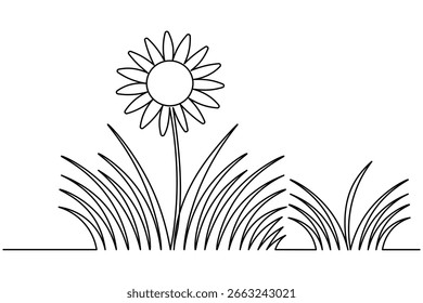 Botanical grass and flowers continuous one line drawing minimalist style nature floral vector illustration