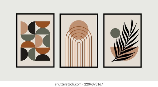 Botanical and Green abstract wall arts vector collection. Green and Brown pattern design with leaves line arts, Hand draw Organic shape design for wall framed prints, canvas prints, poster, home dec