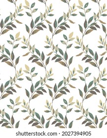 botanical green autumn leaves pattern on white background.tree branches with leaves scandinavian style art design element flat vector illustration 