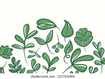 Botanical green floral leaves background with copy space for text. Botanical green leaves background