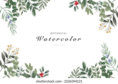 Botanical green leaf watercolor painting border design frame for wedding, invitiaion, greeting card decorations and more