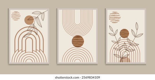 Botanical green wall art vector set. Boho foliage line art drawing with abstract shape. Abstract Plant Art design for print, cover, wallpaper, Minimal and natural wall art.