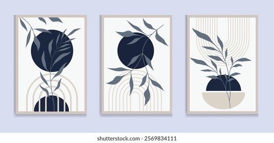 Botanical green wall art vector set. Boho foliage line art drawing with abstract shape. Abstract Plant Art design for print, cover, wallpaper, Minimal and natural wall art.