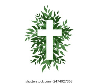 Botanical greenery and cross. Baptism Invitation. Easter Cross. Christening. Holy Spirit. Religious. Baptism Christening Invitation. Vector illustration